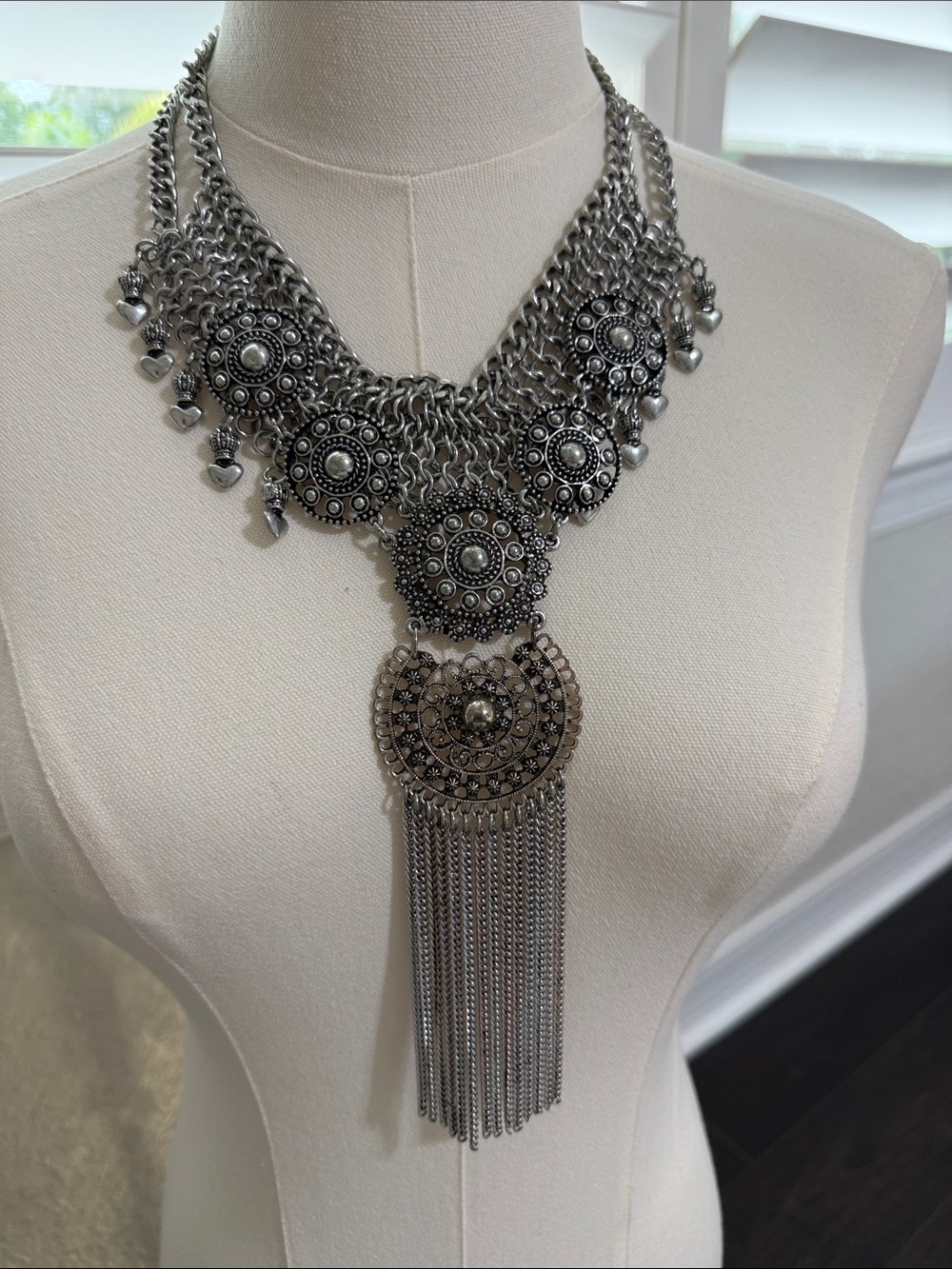 Cleopatra Statement Silver-Tone Bohemian Fringe Necklace